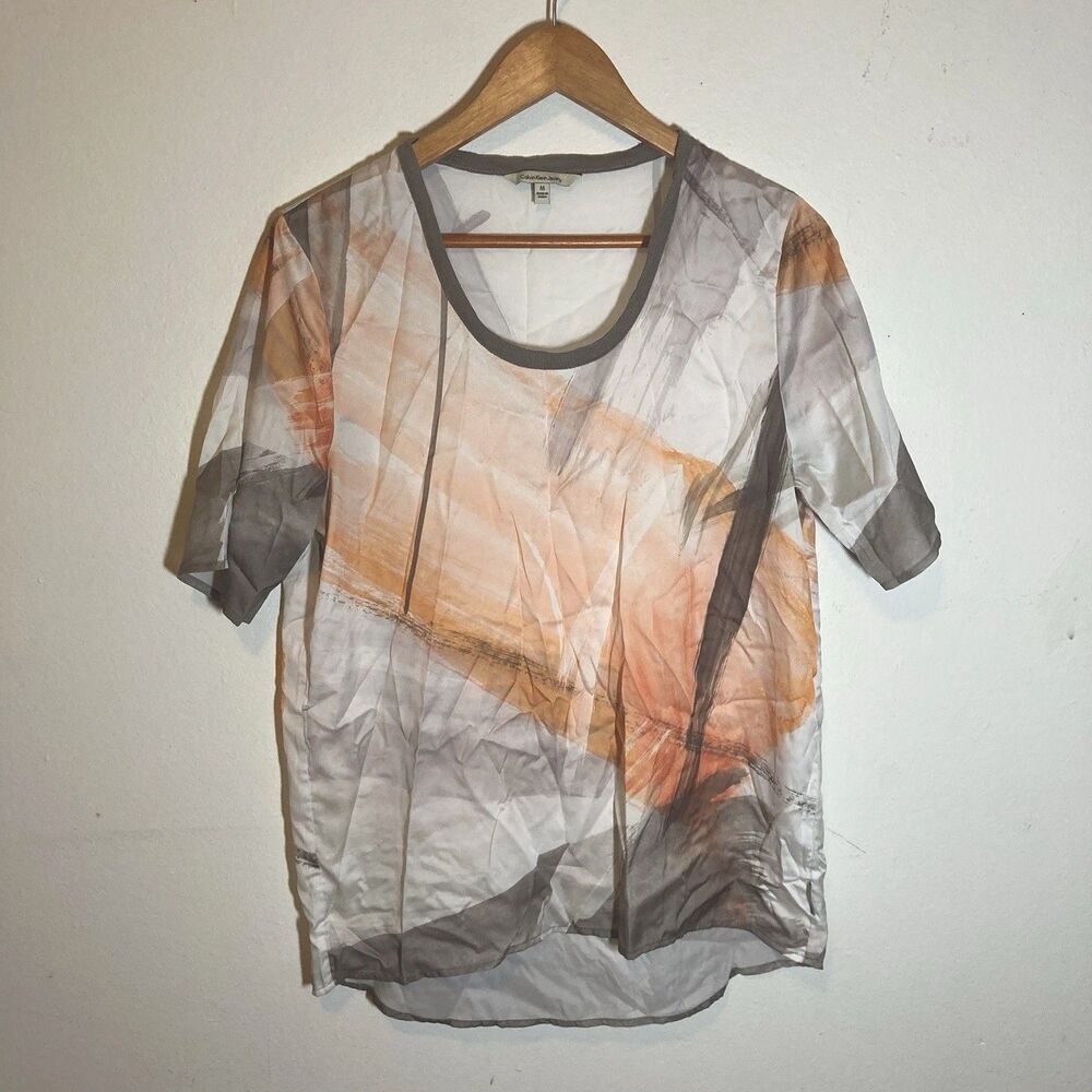 CALVIN KLEIN JEANS gray orange scoop neck satin high low hem top M